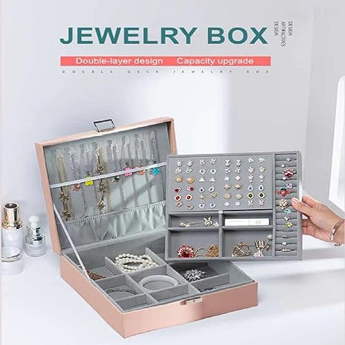 KRESHU Stylish 2 Layer PU-Leather Jewelry Box | Large Capacity Travel Safe Storage Organizer | Case with Removable Tray for Woman’s/Girl’s Necklaces, Earrings, Rings, Bracelets, Bangles (PINK) - Image 3