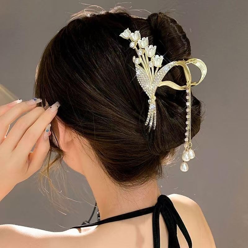 Fameza 1 Pack Big Butterfly Hair Claw Clip Metal Gold Hair Clips Crystal Rhinestone Butterfly Claw Clips Lily of the Valley Pearl Tassel Design Non Slips Hair... - Image 4