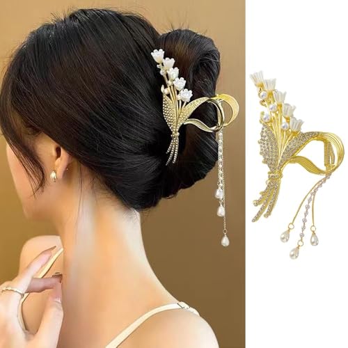 Fameza 1 Pack Big Butterfly Hair Claw Clip Metal Gold Hair Clips Crystal Rhinestone Butterfly Claw Clips Lily of the Valley Pearl Tassel Design Non Slips Hair... - Image 1