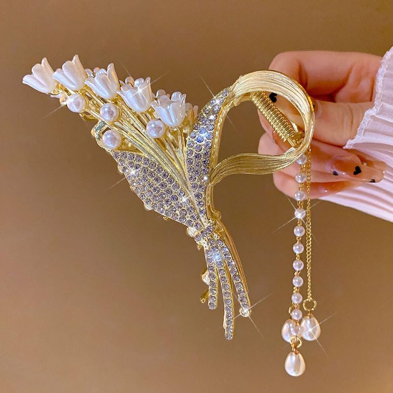 Fameza 1 Pack Big Butterfly Hair Claw Clip Metal Gold Hair Clips Crystal Rhinestone Butterfly Claw Clips Lily of the Valley Pearl Tassel Design Non Slips Hair... - Image 3