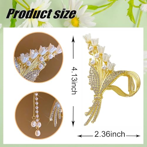 Fameza 1 Pack Big Butterfly Hair Claw Clip Metal Gold Hair Clips Crystal Rhinestone Butterfly Claw Clips Lily of the Valley Pearl Tassel Design Non Slips Hair... - Image 2