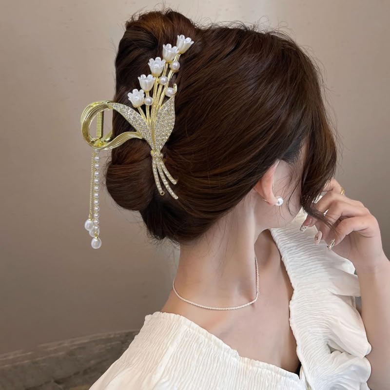 Fameza 1 Pack Big Butterfly Hair Claw Clip Metal Gold Hair Clips Crystal Rhinestone Butterfly Claw Clips Lily of the Valley Pearl Tassel Design Non Slips Hair... - Image 5