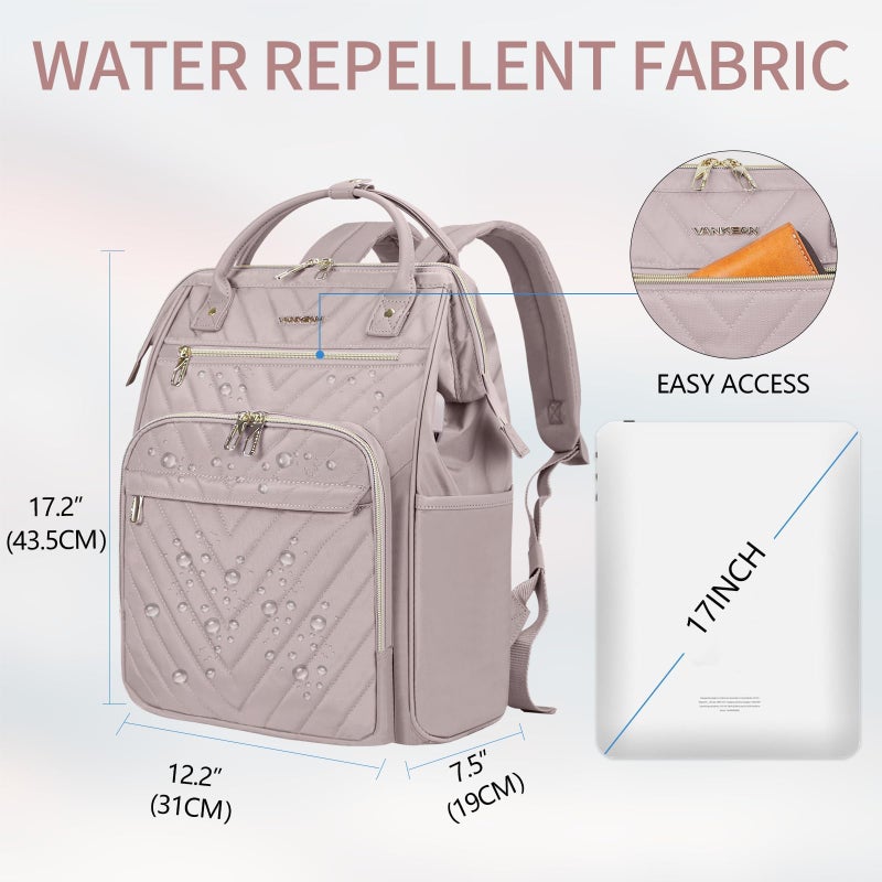 VANKEAN 17 Inch Laptop Backpack for Women Men Fashion Computer Work Bag, Large Capacity Waterproof Backpack with USB Port & RFID Pockets, College Daypack Business Travel Backpack, Light Dusty Pink - Image 2