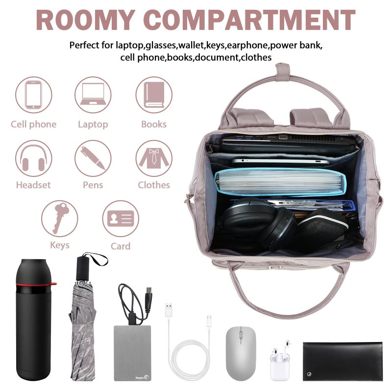 VANKEAN 17 Inch Laptop Backpack for Women Men Fashion Computer Work Bag, Large Capacity Waterproof Backpack with USB Port & RFID Pockets, College Daypack Business Travel Backpack, Light Dusty Pink - Image 5