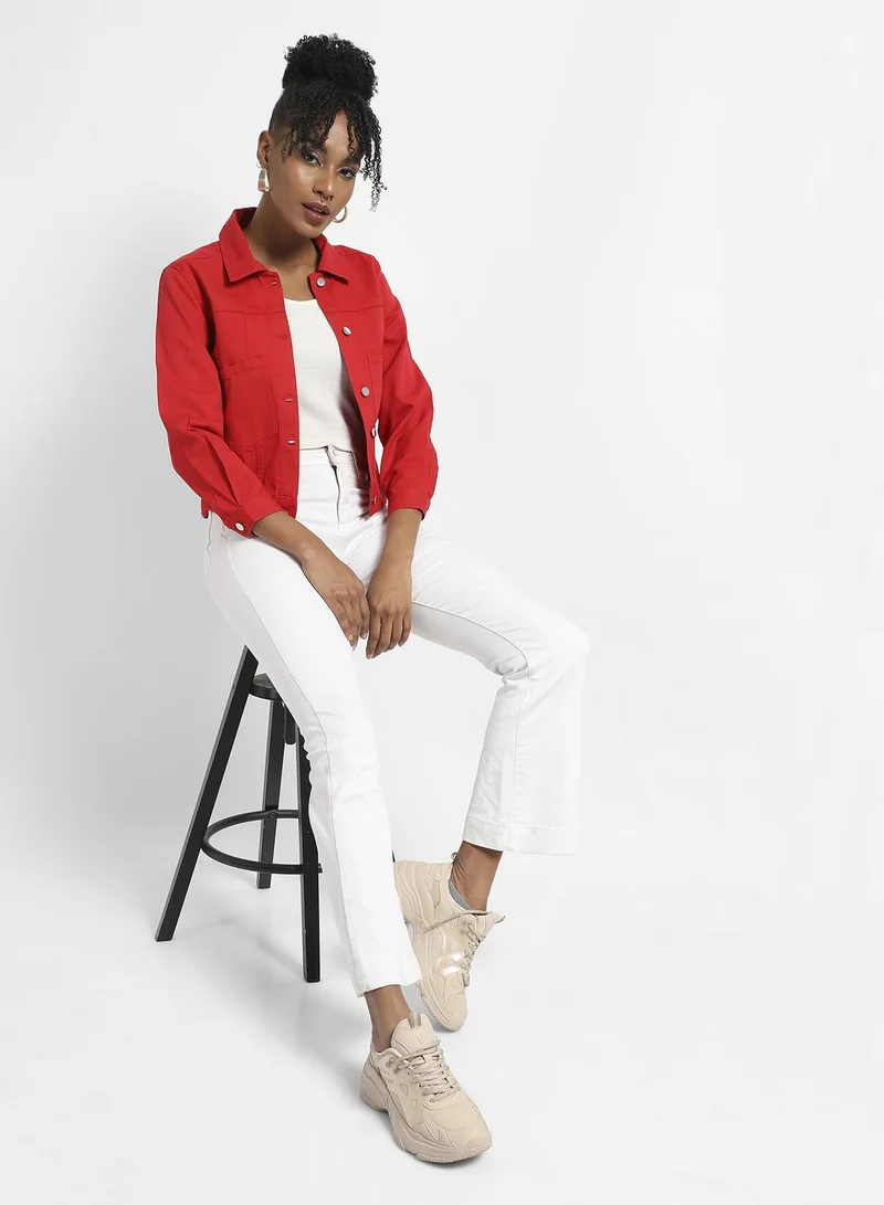 Pinacolada  Women's Red Patch Pocket Denim Jacket With Detachable Hood for Women | Best Price UAE