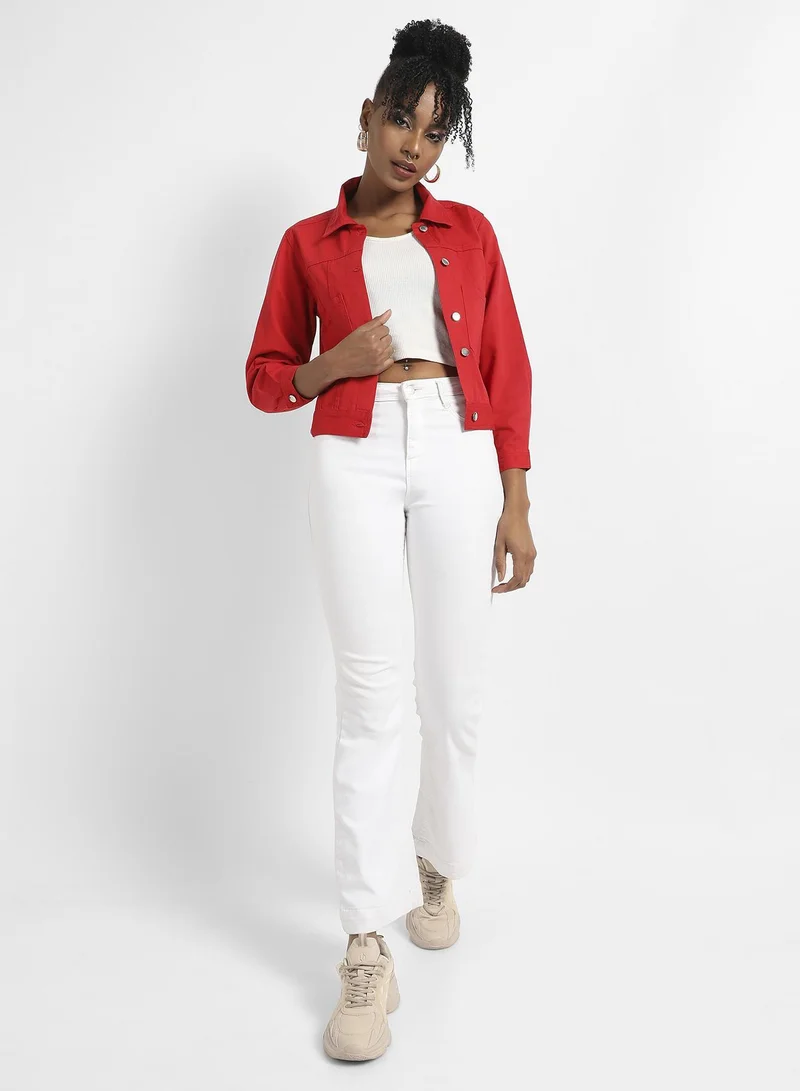 Pinacolada  Women's Red Patch Pocket Denim Jacket With Detachable Hood for Women | Best Price UAE