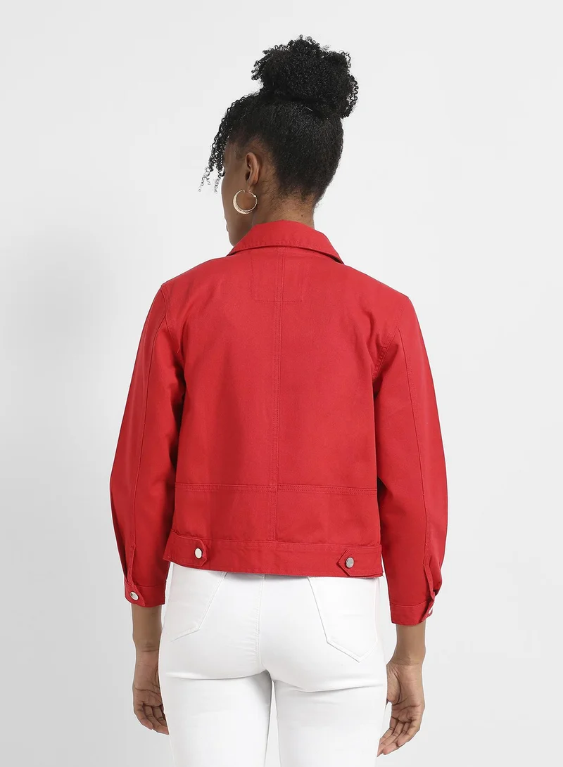 Pinacolada  Women's Red Patch Pocket Denim Jacket With Detachable Hood for Women | Best Price UAE