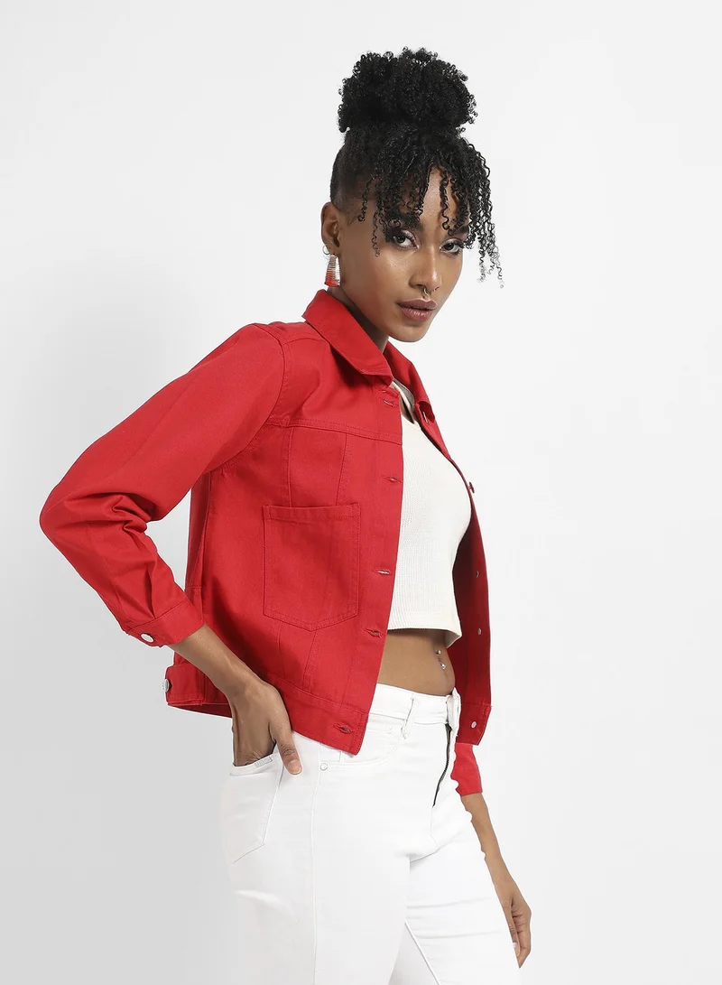 Pinacolada  Women's Red Patch Pocket Denim Jacket With Detachable Hood for Women | Best Price UAE