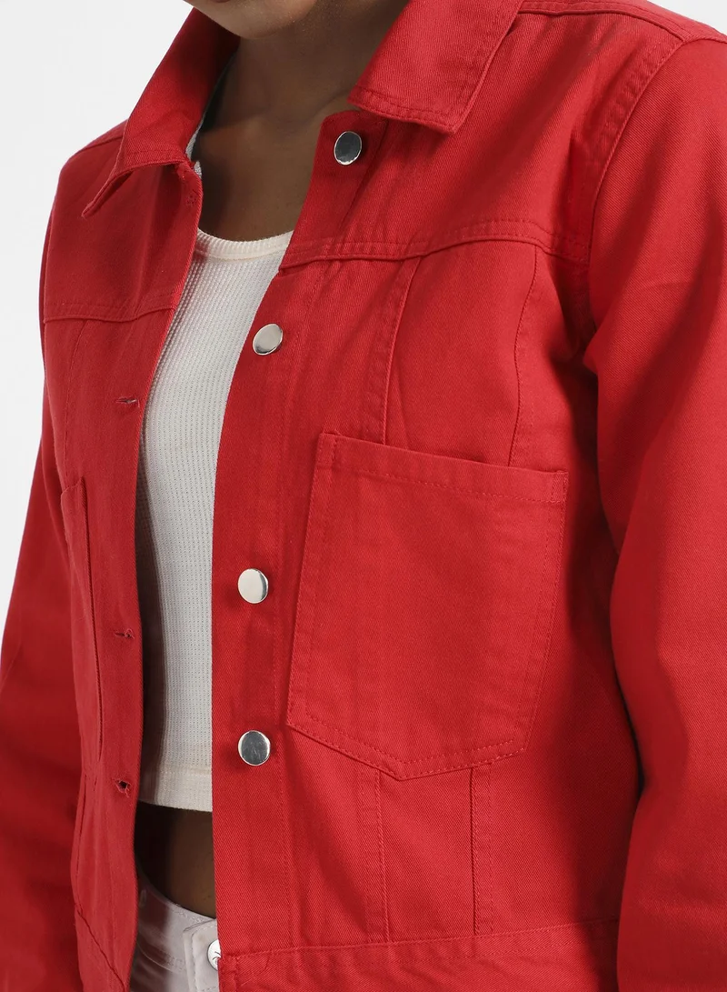 Pinacolada  Women's Red Patch Pocket Denim Jacket With Detachable Hood for Women | Best Price UAE