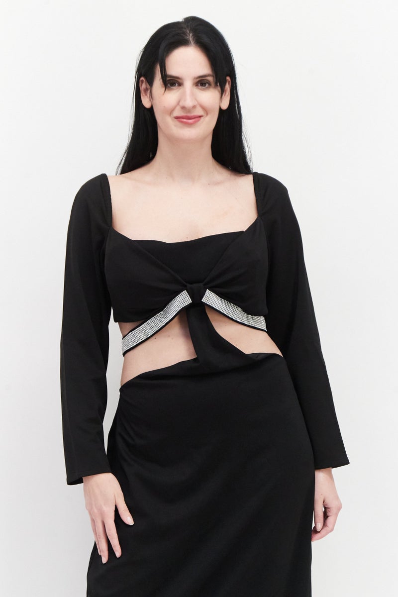 Yaura Women Plus Size Cut Out Crystal Strap Maxi Dress, Black - Image 2