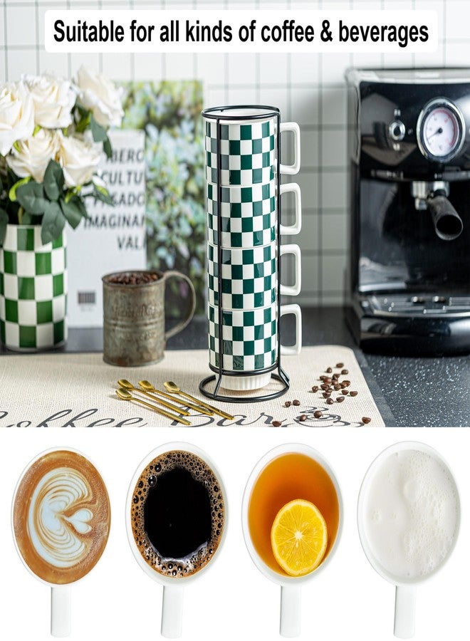 Miamolo Stackable Coffee Mugs with Stand, Checkered Coffee Mug Set of 4, 11oz Espresso Cups for Beverages, Stacked Mug Set with Spoons for Housewarming Birthday Gift, Dishwasher Safe - Image 4