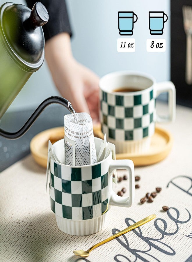 Miamolo Stackable Coffee Mugs with Stand, Checkered Coffee Mug Set of 4, 11oz Espresso Cups for Beverages, Stacked Mug Set with Spoons for Housewarming Birthday Gift, Dishwasher Safe - Image 3
