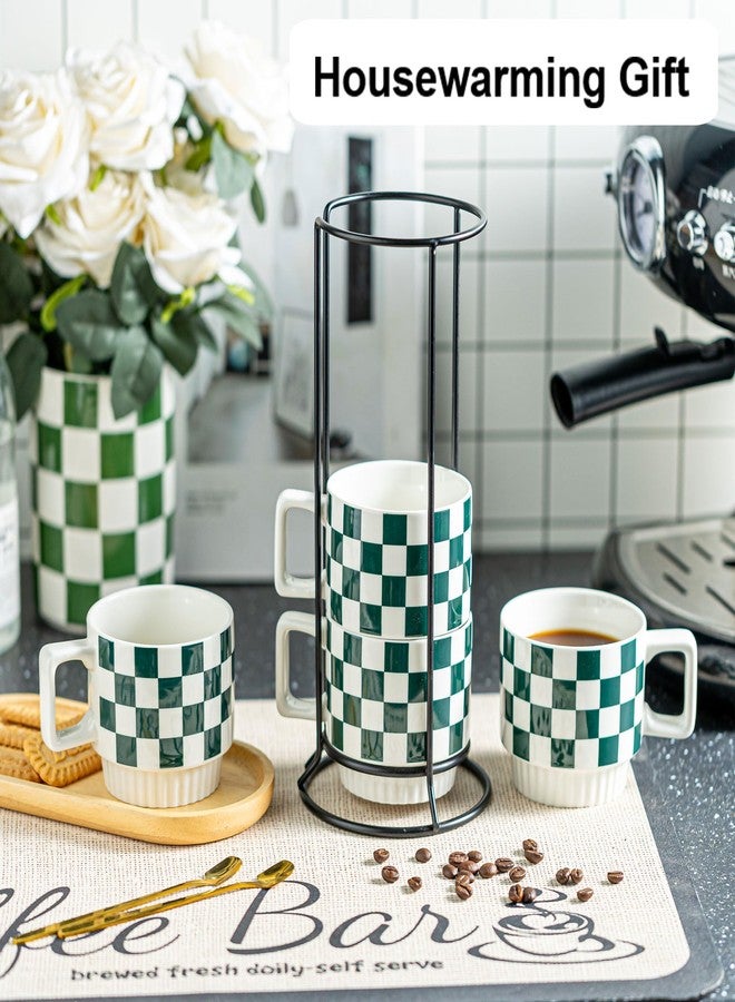 Miamolo Stackable Coffee Mugs with Stand, Checkered Coffee Mug Set of 4, 11oz Espresso Cups for Beverages, Stacked Mug Set with Spoons for Housewarming Birthday Gift, Dishwasher Safe - Image 5