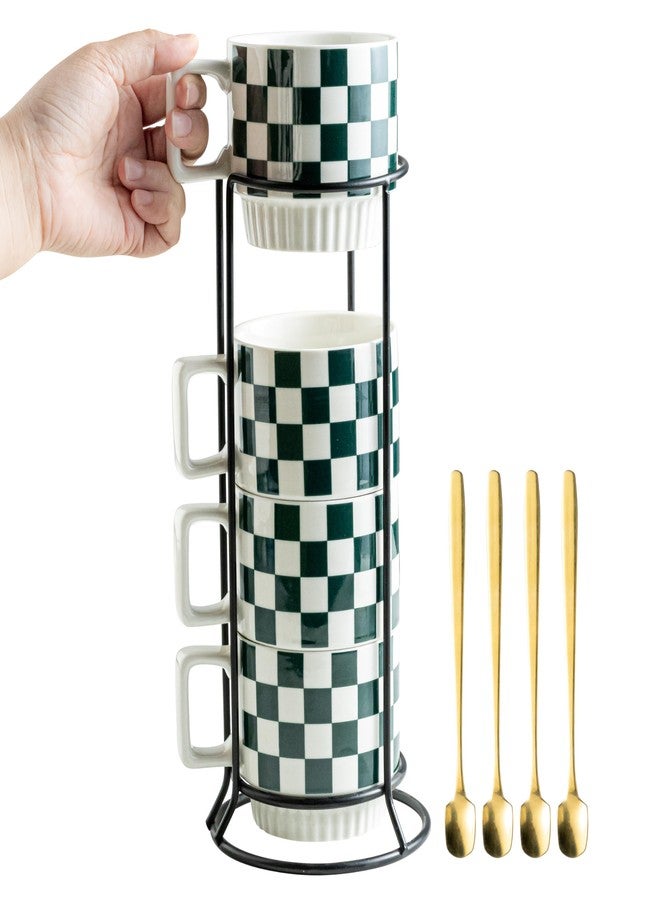 Miamolo Stackable Coffee Mugs with Stand, Checkered Coffee Mug Set of 4, 11oz Espresso Cups for Beverages, Stacked Mug Set with Spoons for Housewarming Birthday Gift, Dishwasher Safe - Image 1