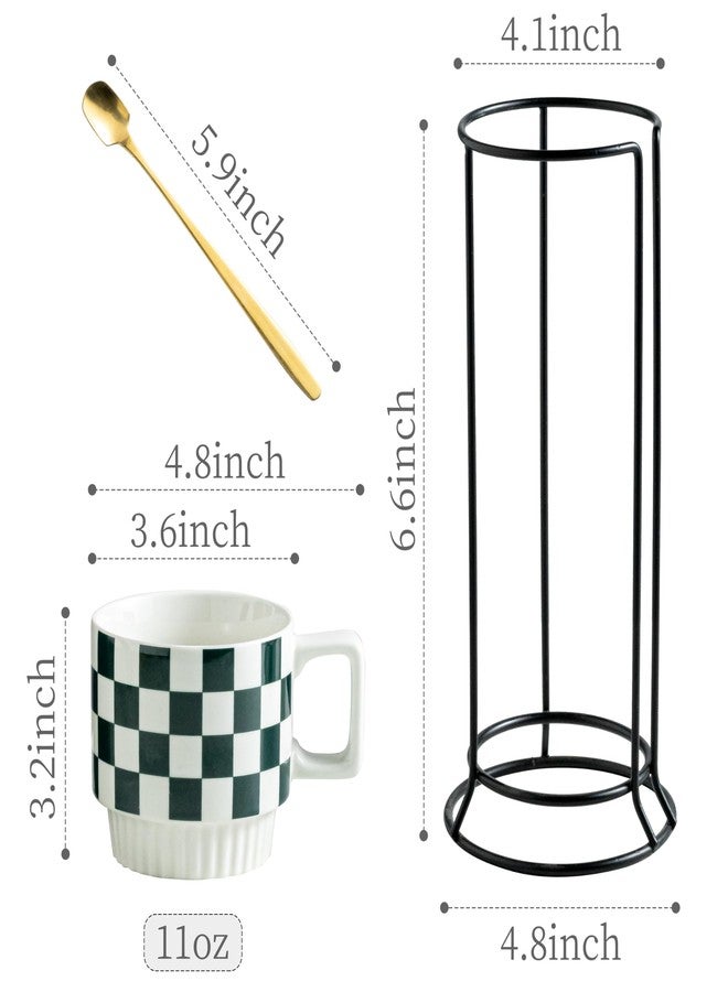 Miamolo Stackable Coffee Mugs with Stand, Checkered Coffee Mug Set of 4, 11oz Espresso Cups for Beverages, Stacked Mug Set with Spoons for Housewarming Birthday Gift, Dishwasher Safe - Image 2