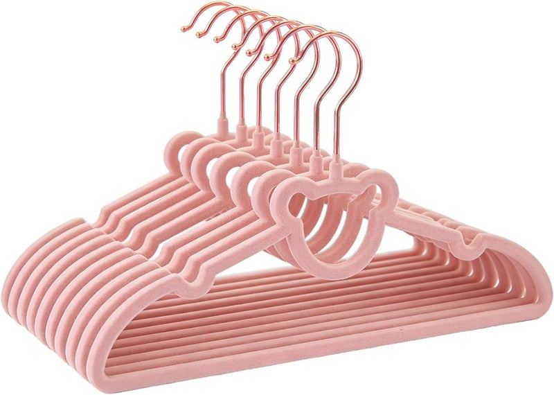 BGRQRIQ 30 Pack Pink Velvet Kids Clothes Hangers - 12.6in for Ages 4-10, with Cute Bear, Rotating Rose Gold Hook, Non-Slip, Space-Saving Slim Felt Hangers for Toddler Coats, Jackets, Dresses - Image 1