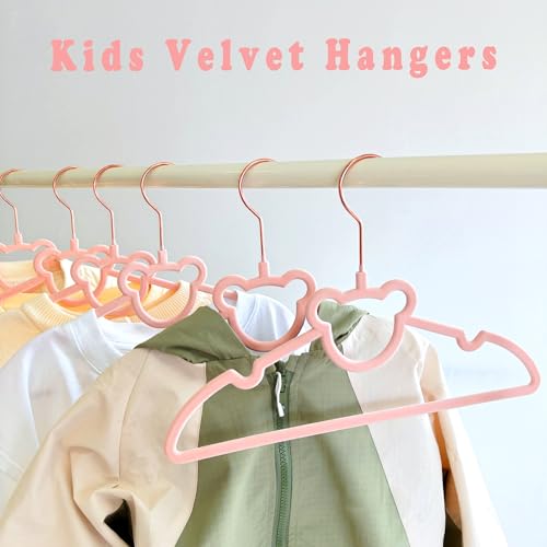 BGRQRIQ 30 Pack Pink Velvet Kids Clothes Hangers - 12.6in for Ages 4-10, with Cute Bear, Rotating Rose Gold Hook, Non-Slip, Space-Saving Slim Felt Hangers for Toddler Coats, Jackets, Dresses - Image 2