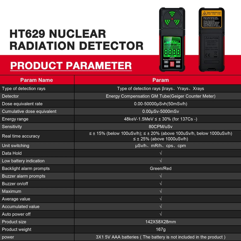 HABOTEST HT629 Nuclear Radiation Detector Geiger Counter X-ray Y-ray β-ray Detector LCD Display Marble Tester Personal Dosimeter - Image 4