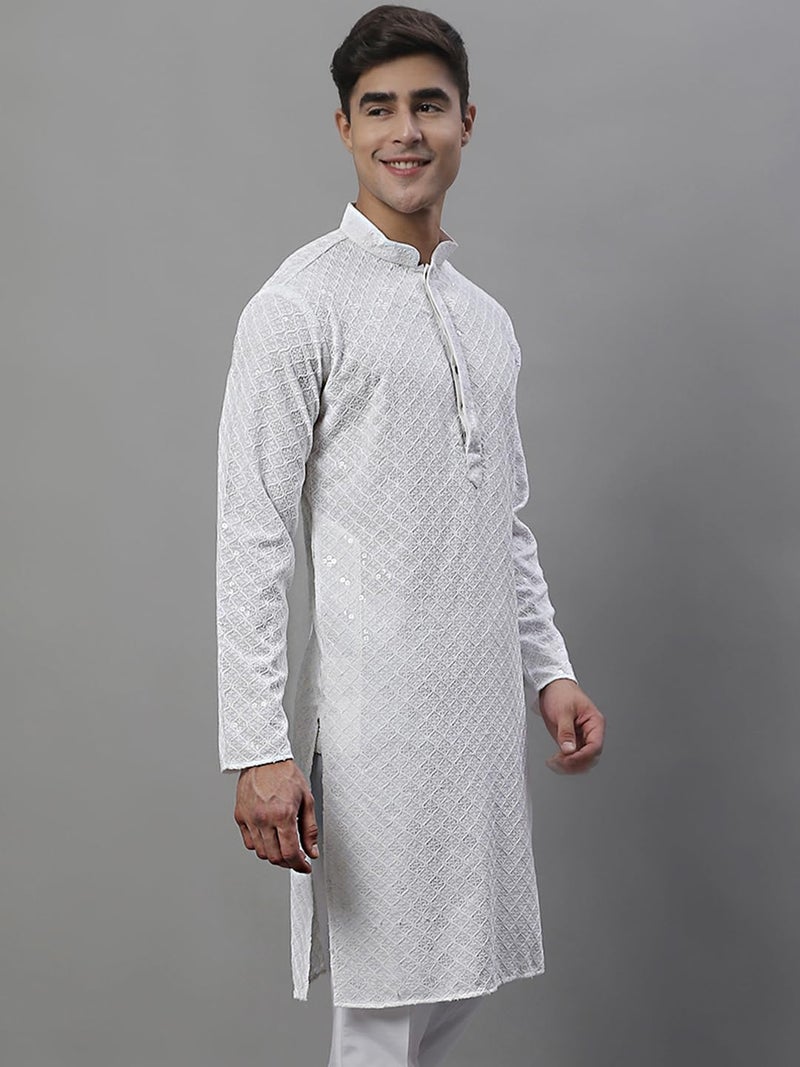 Jompers Men's Chikankari Embroidered and Sequence Kurtas Only (White, S) - Image 3