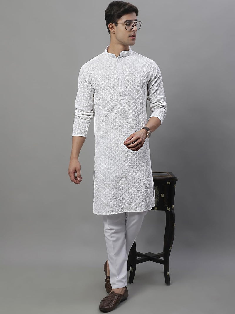 Jompers Men's Chikankari Embroidered and Sequence Kurtas Only (White, S) - Image 4