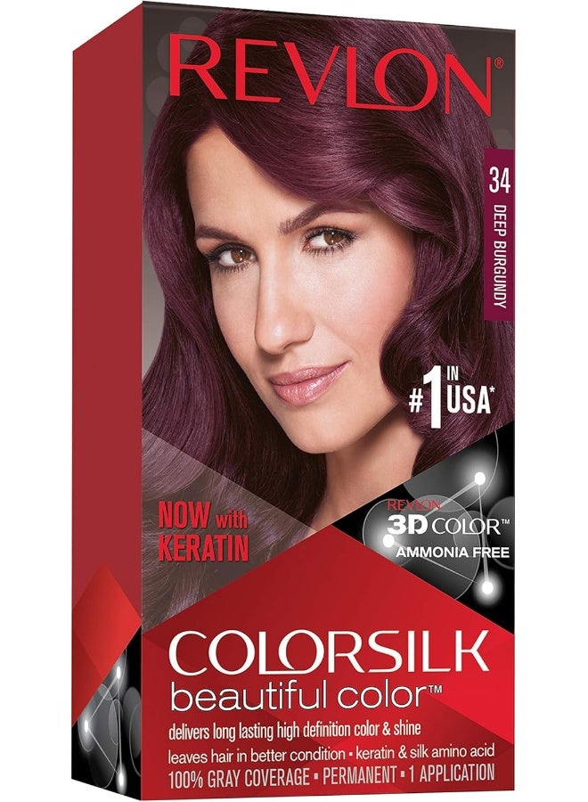 Revlon Permanent Hair Color, Permanent Hair Dye, Colorsilk with 100% Gray Coverage, Ammonia-Free, Keratin and Amino Acids, 34 Deep Burgundy, 4.4 Oz (Pack of 1) - Image 1