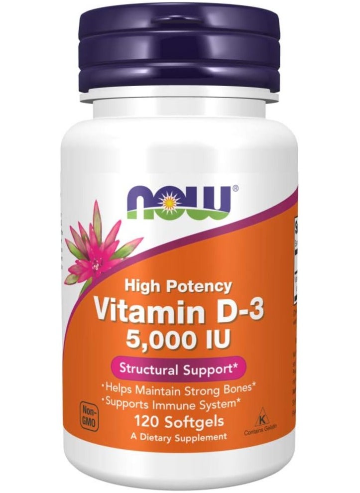now NOW Supplements, Vitamin D-3 5,000 IU, High Potency, Structural Support, 120 Softgels  - Image 1