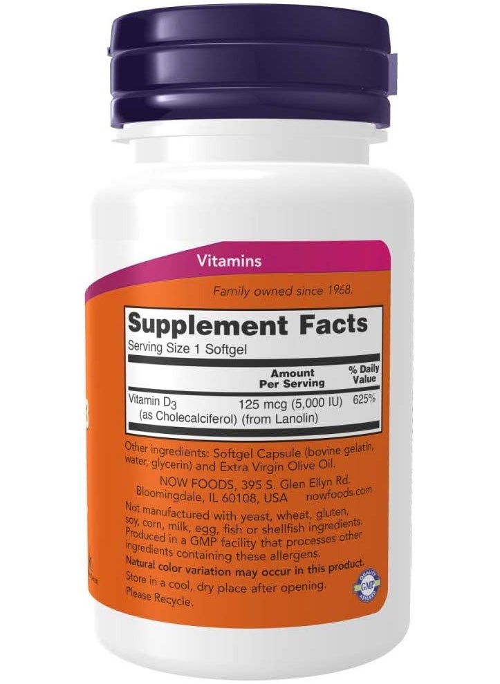 now NOW Supplements, Vitamin D-3 5,000 IU, High Potency, Structural Support, 120 Softgels  - Image 2