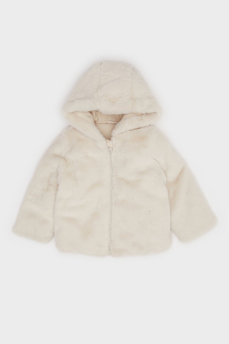 DeFacto Beige BabyGirl Baby Girl Hooded Zippered Plush Jacket Casual - Image 1