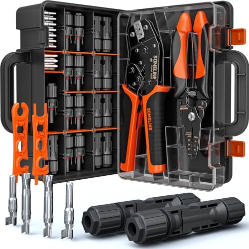 SOMELINE Solar Connector Crimping Tool Kit, 14-10 AWG Crimper for Solar Panel Cables, Tool Kit with 12 Pairs of Solar Connectors and Wrench and Stripper and Crimper, Solar Panel Connectors - Image 1