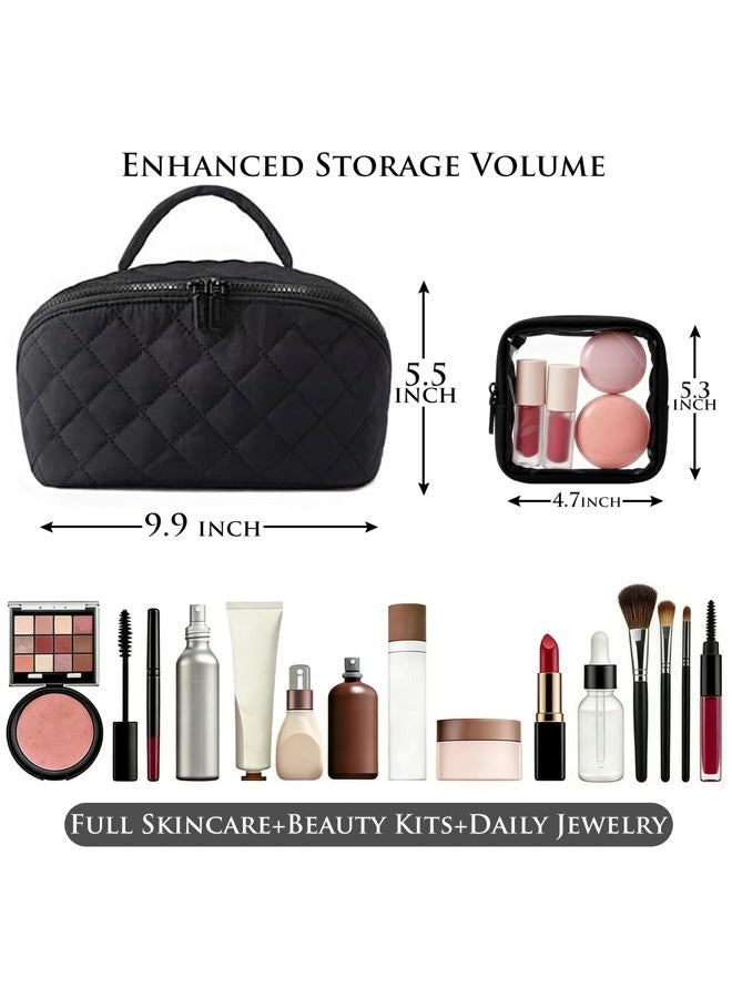 MINGRI Petition Makeup Bag for Travel,Women Cosmetic Bag Quilted Puffer Large Capacity 2Pcs Toiletry Bag Spacious 180°Open Valentine's Day Gift for Toiletries & Brushes with Compartments, Pink, 9.9 - Image 4