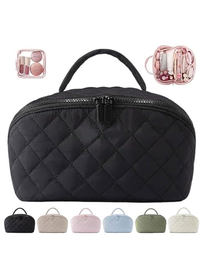 MINGRI Petition Makeup Bag for Travel,Women Cosmetic Bag Quilted Puffer Large Capacity 2Pcs Toiletry Bag Spacious 180°Open Valentine's Day Gift for Toiletries & Brushes with Compartments, Pink, 9.9 - Image 1