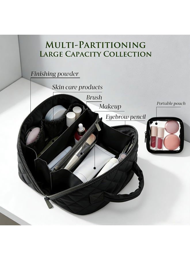 MINGRI Petition Makeup Bag for Travel,Women Cosmetic Bag Quilted Puffer Large Capacity 2Pcs Toiletry Bag Spacious 180°Open Valentine's Day Gift for Toiletries & Brushes with Compartments, Pink, 9.9 - Image 2