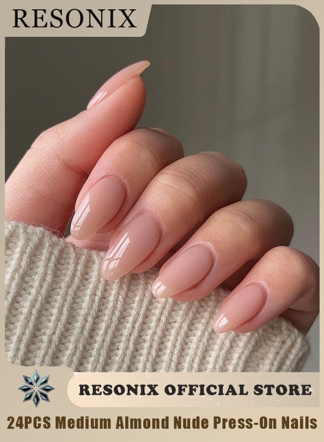 RESONIX 24PCS Medium Almond Nude Press-On Nails – Full Cover Glossy Fake Nails with Jelly Gels & File Kit for Women, Perfect for Prom, Party, Wedding - Image 1