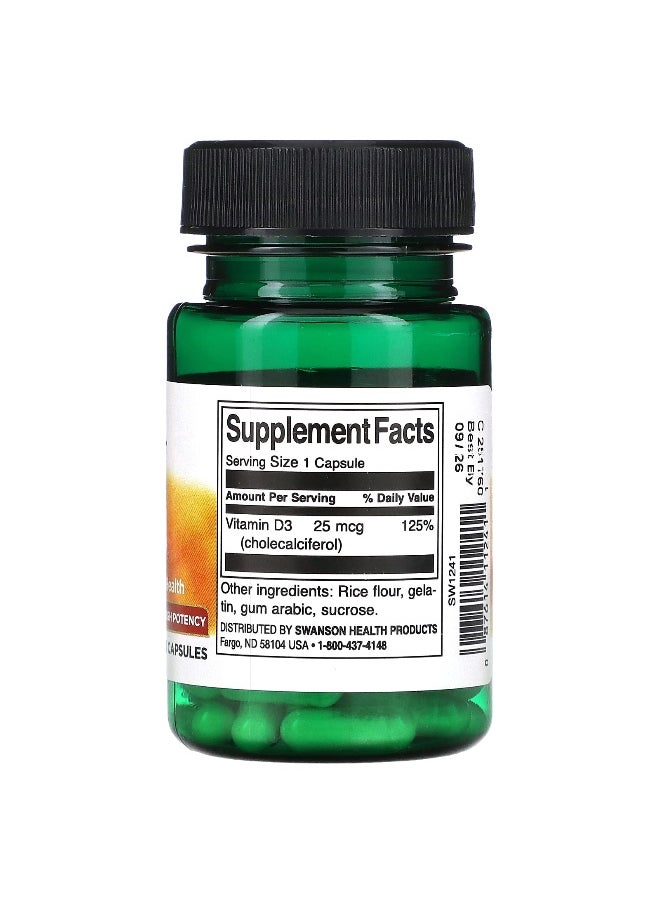SWANSON - Swanson, Vitamin D3, High Potency, 25 mcg (1,000 IU), 30 Capsules - Image 1