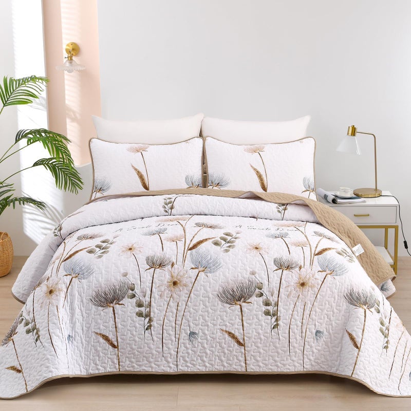Dinjoy Floral Quilt Set QueenBeigeKhaki Bedspread Queen Size 3 Pieces Lightweight Fall Quilts Microfiber Farmhouse Bedding Set Soft Flower Bedspreads White Coverlet Sets for All Seasons - Image 2