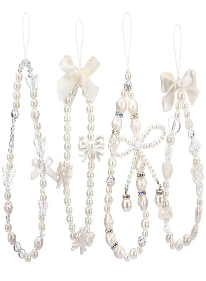 Draupnir 4pcs Phone Charms Strap, Butterfly Bow Camera Strap Wrist Beaded Phone Bracelet Wrist Straps, Pearl Bracelet Lanyard Keychain Charm for Women, White - Image 1