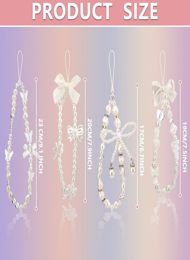 Draupnir 4pcs Phone Charms Strap, Butterfly Bow Camera Strap Wrist Beaded Phone Bracelet Wrist Straps, Pearl Bracelet Lanyard Keychain Charm for Women, White - Image 2