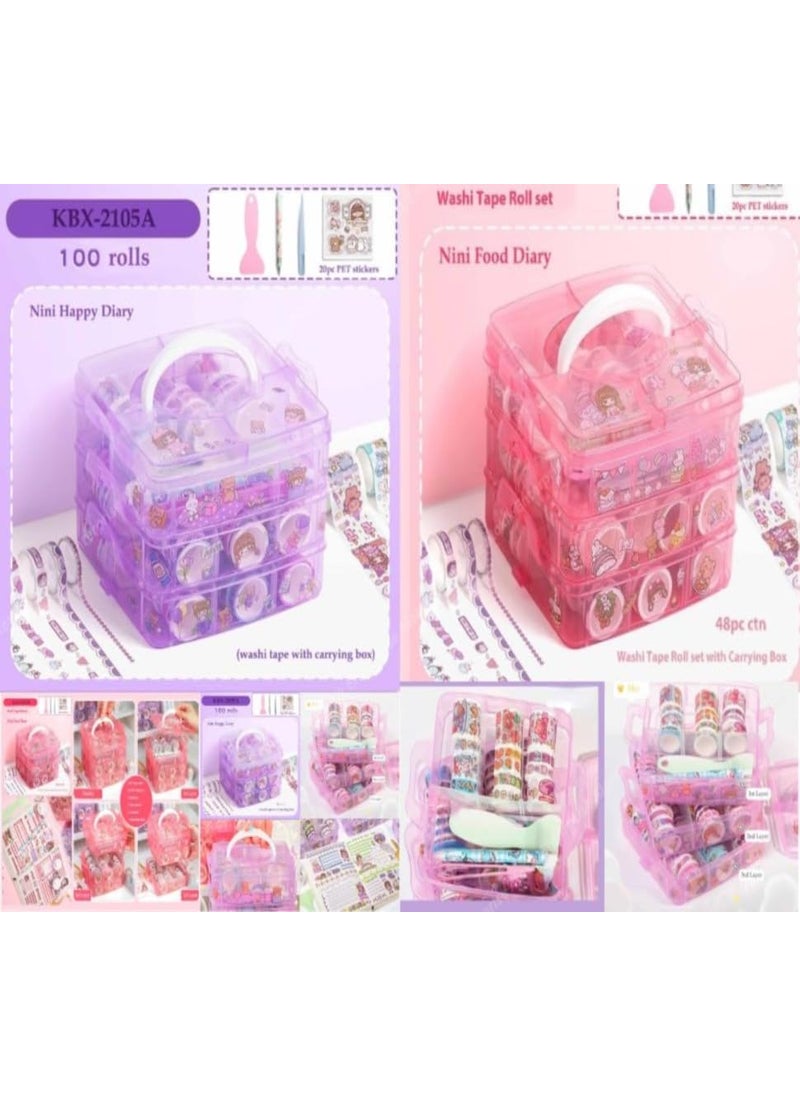 Touchcart Touchcart 100 Pcs Washi Tape Set with Kawaii Stickers Tweezer Pen and Spatula in 3Layer Storage Box Decorative Masking Tapes for Journaling Crafts and Gift Wrapping Pink  - Image 5