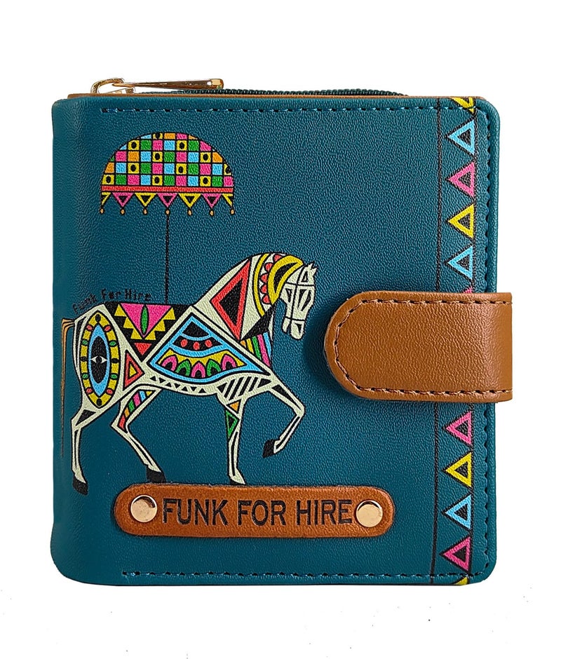 Funk For Hire Women’s Compact Wallet in Petrol Blue – Stylish Cartoon Print Leatherette Purse with Card Slots, Coin Pocket & Magnetic Closure – Handcrafted in India - Image 1