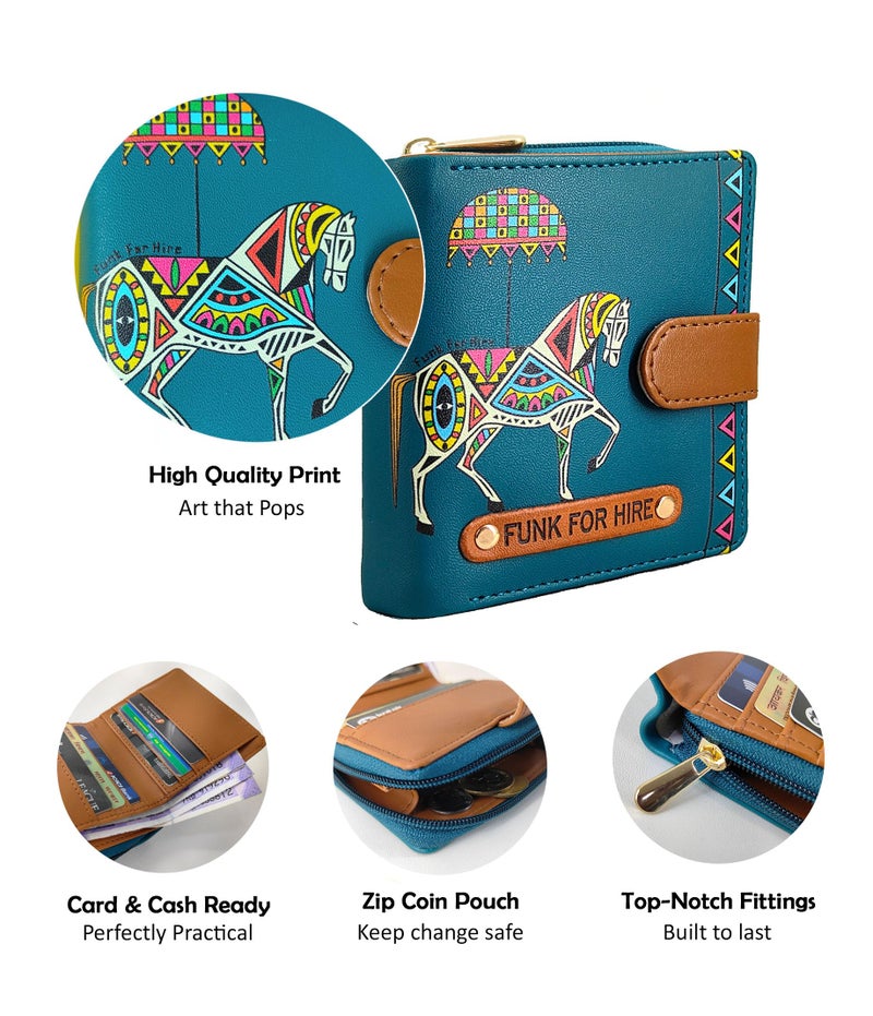 Funk For Hire Women’s Compact Wallet in Petrol Blue – Stylish Cartoon Print Leatherette Purse with Card Slots, Coin Pocket & Magnetic Closure – Handcrafted in India - Image 3