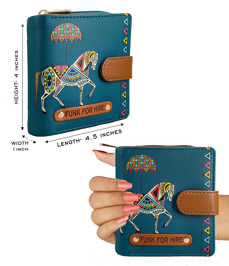Funk For Hire Women’s Compact Wallet in Petrol Blue – Stylish Cartoon Print Leatherette Purse with Card Slots, Coin Pocket & Magnetic Closure – Handcrafted in India - Image 2