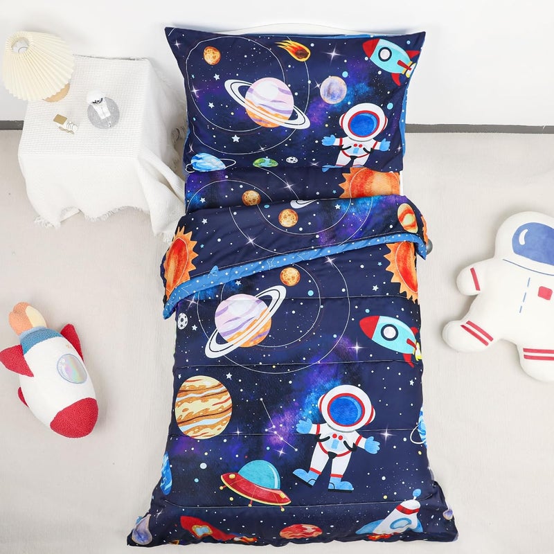 SWESEN Toddler Bedding Set for Boys Blue Space Toddler Boy Bedding Set Soft  Lightweight 4 Piece Toddler Comforter Sets Include Comforter Flat Sheet Fitted Sheet Pillowcase - Image 1