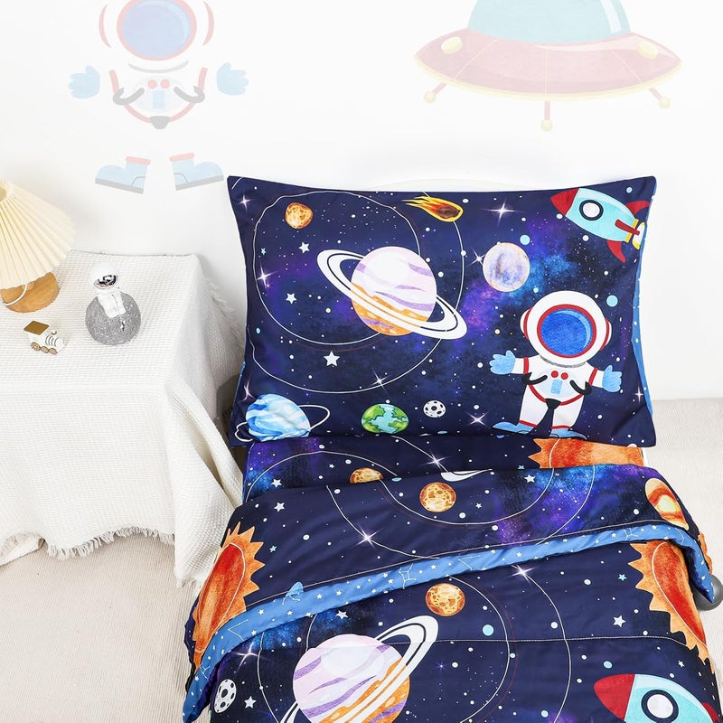 SWESEN Toddler Bedding Set for Boys Blue Space Toddler Boy Bedding Set Soft  Lightweight 4 Piece Toddler Comforter Sets Include Comforter Flat Sheet Fitted Sheet Pillowcase - Image 5