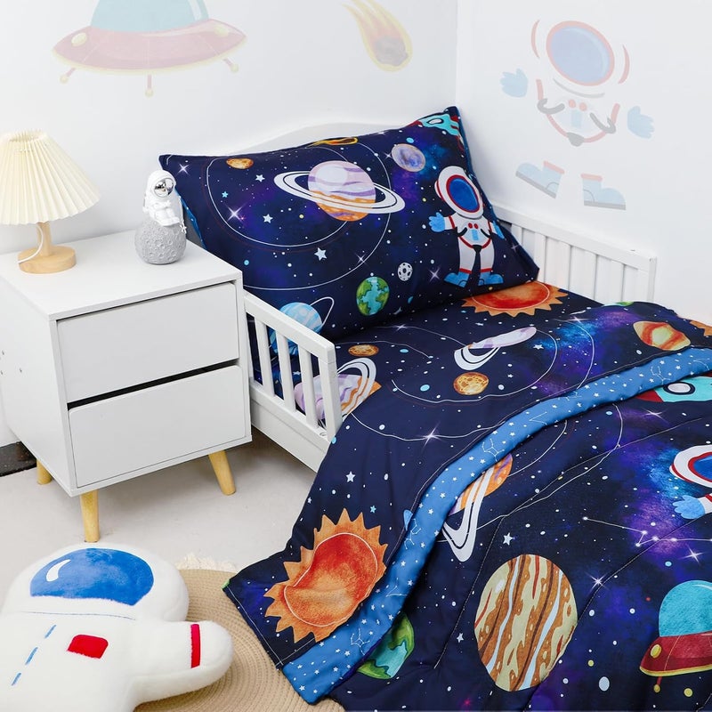 SWESEN Toddler Bedding Set for Boys Blue Space Toddler Boy Bedding Set Soft  Lightweight 4 Piece Toddler Comforter Sets Include Comforter Flat Sheet Fitted Sheet Pillowcase - Image 2