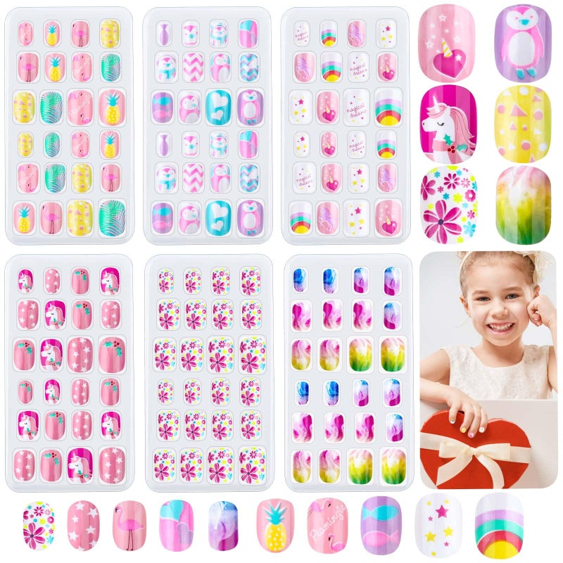 144 Pieces Press on Nails Grils Thrilez Children Fake Artificial False Nail Tips Pre Glue Full Cover Short Acrylic Nails for Girls Kids Nail Art Decoration Rainbow Sky