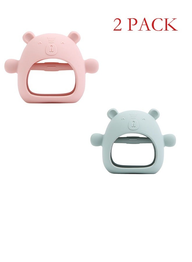 Baby Teething Toys – 2-Pack Bear-Shaped Silicone Teething Mittens for 0–12M, BPA-Free, Anti-Drop, Soothing  Easy to Clean, Pink  Green  - Image 1