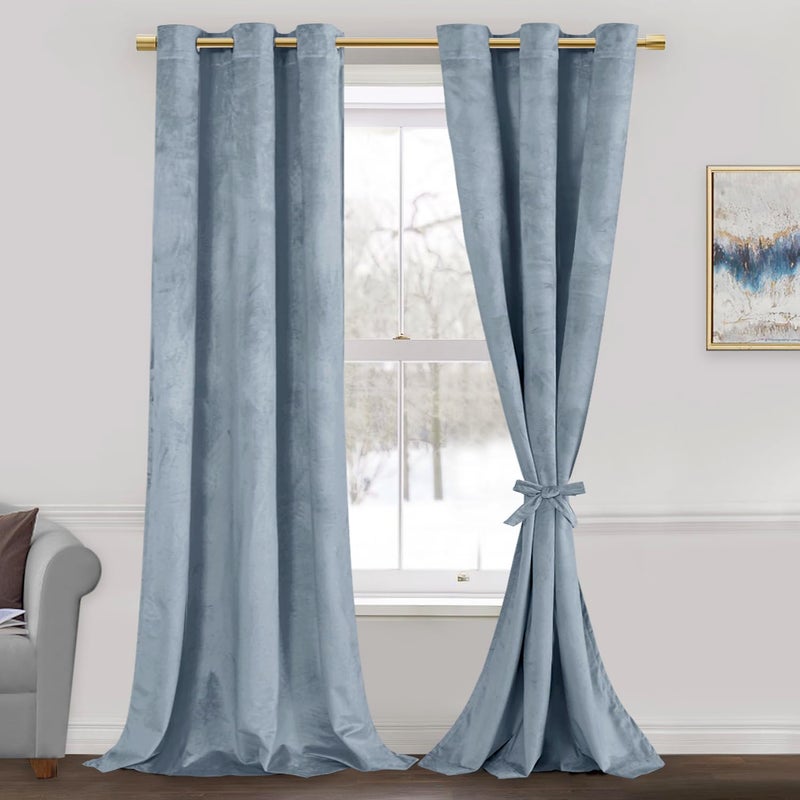 JIUZHEN Stone Blue Velvet Curtains 84 inches Blackout Curtains for Living Room - Privacy Protect Room Darkening Grommet Thick Velvet Window Drapes for Bedroom  Set of 2 with Tiebacks  42W x 84L - Image 1