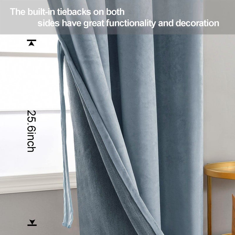 JIUZHEN Stone Blue Velvet Curtains 84 inches Blackout Curtains for Living Room - Privacy Protect Room Darkening Grommet Thick Velvet Window Drapes for Bedroom  Set of 2 with Tiebacks  42W x 84L - Image 3