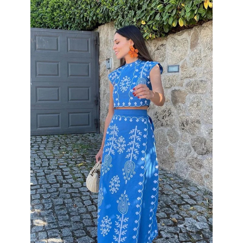 Fashionable Print Holiday Style Two-Piece Dress Set Spring Summer 2024 Polyester Fabric Midi Skirt Short Sleeve Half High Collar Blue - Image 1