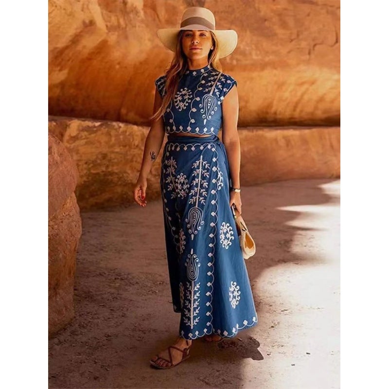 Fashionable Print Holiday Style Two-Piece Dress Set Spring Summer 2024 Polyester Fabric Midi Skirt Short Sleeve Half High Collar Blue - Image 3